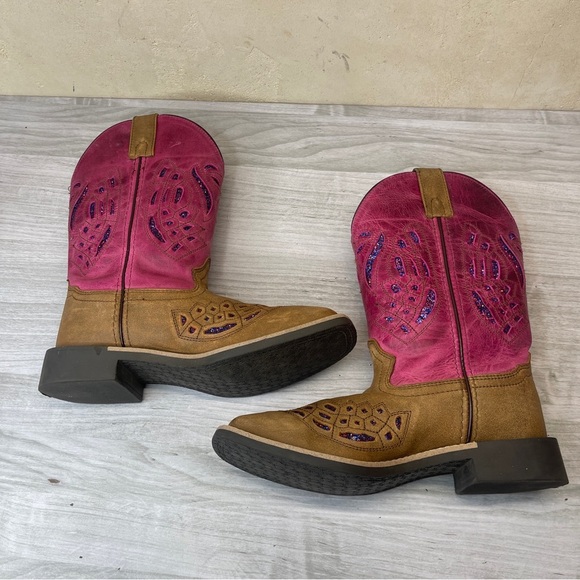 Shyanne Chloe Glitter Brown Pink Leather Square Toe Western Boots Girl’s Size 6 - Picture 10 of 13